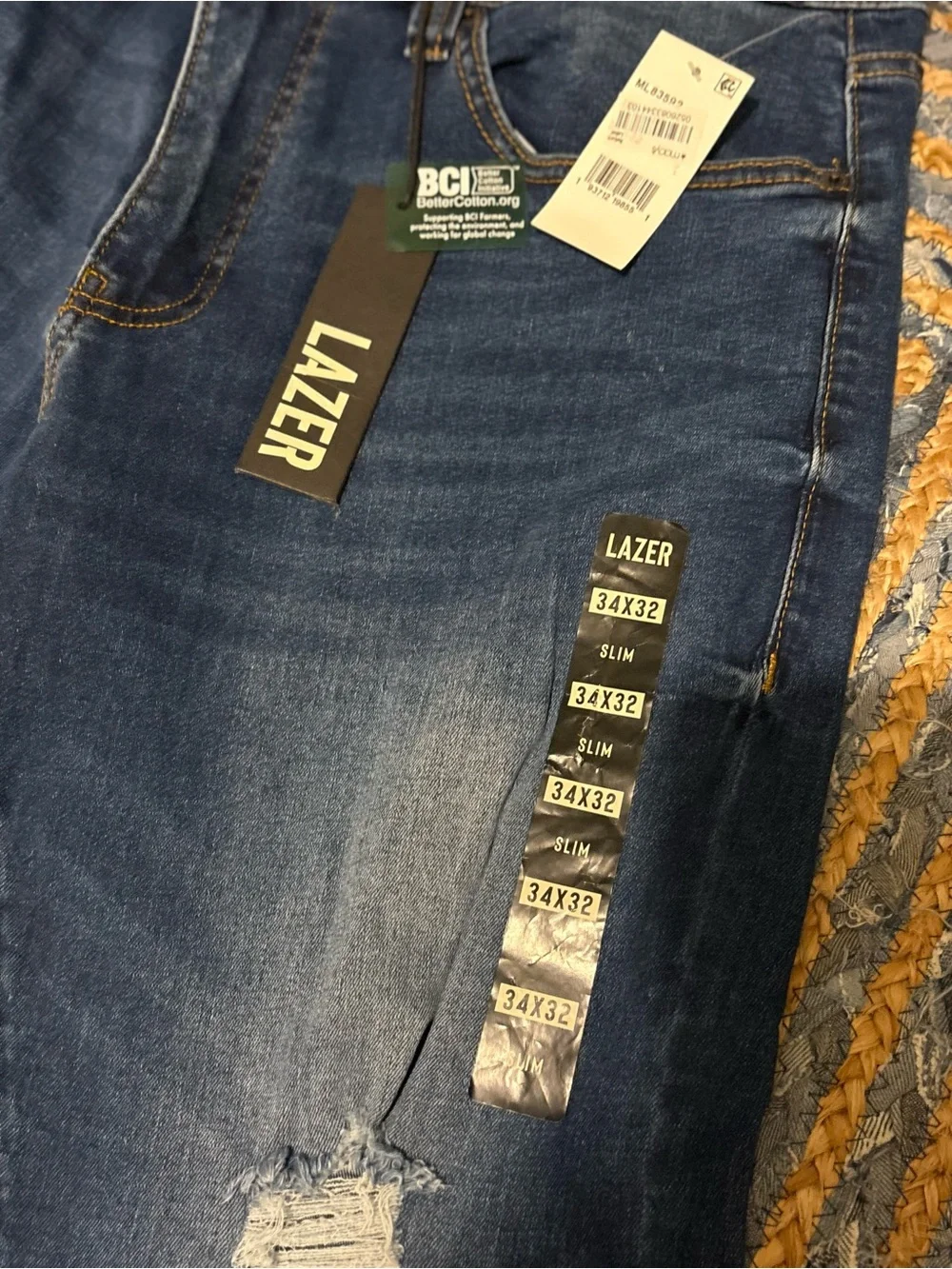 Men’s laser Distressed Dark Blue Jeans